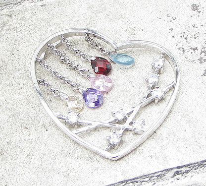 925 Silver Multi Colored Faceted Gemstones Love Heart Slider Pendant PT1413
