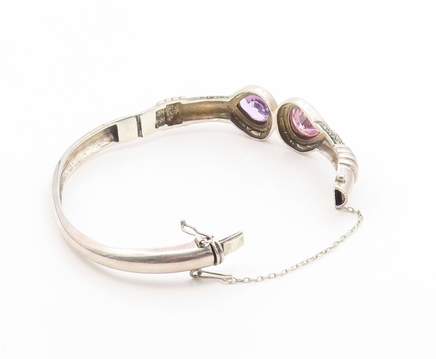 925 Sterling Silver Vintage Bracelet Pear Cut Amethyst & Topaz Bangle  BT11928