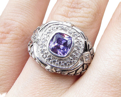 925 Sterling Silver Amethyst & White Cubic Zirconia Cocktail Ring Sz 6 RG1583
