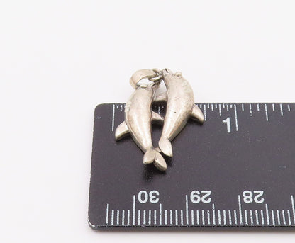 925 Sterling Silver  Vintage Diamond Cut Detail Dolphins Pendant  PT16503