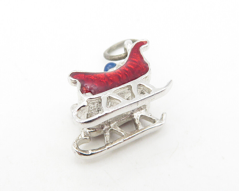 925 Sterling Silver  Vintage Shiny Petite Enamel Winter Sled Pendant  PT9338