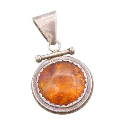 925 Sterling Silver Vintage Pendant Cabochon Honey Amber Toggle Design  PT25047