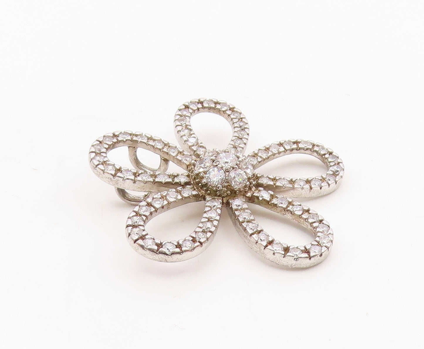 925 Sterling Silver Vintage Sparkly Cubic Zirconia Open Flower Pendant PT21909