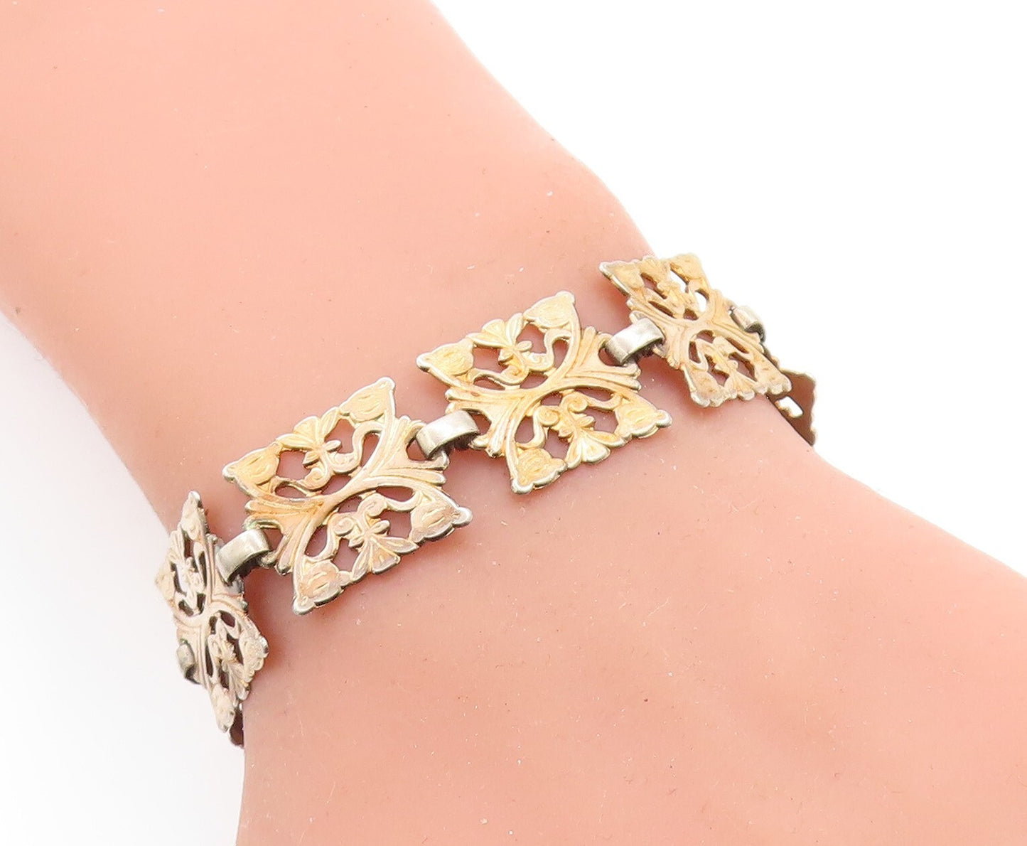 925 Sterling Silver  Vintage Dark Tone Floral Swirl Chain Bracelet  BT2237