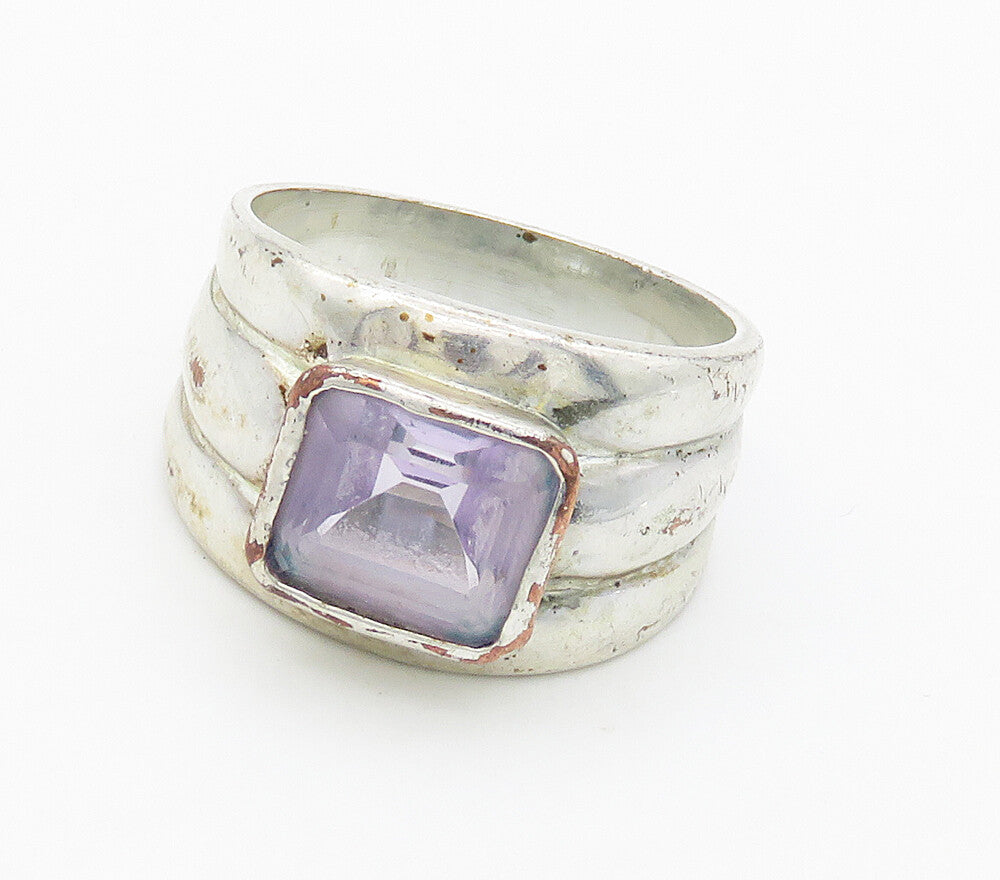 925 Sterling Silver  Vintage Amethyst Shiny Fluted Band Ring Sz 7.5  RG16057