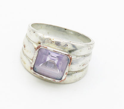 925 Sterling Silver  Vintage Amethyst Shiny Fluted Band Ring Sz 7.5  RG16057