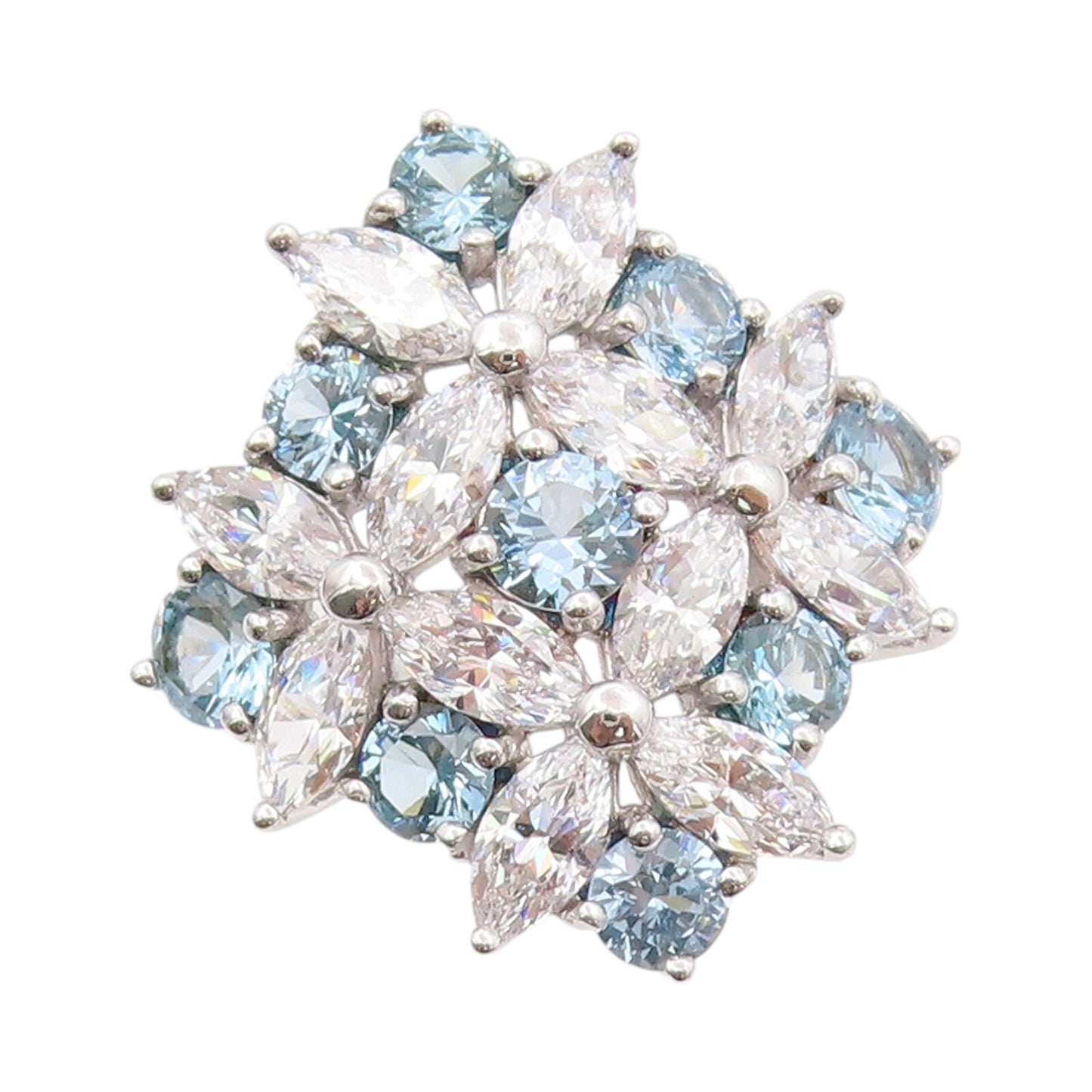 925 Sterling Silver Vintage Ring White & Blue CZ Flowers Inlay  SZ 9  RG31938