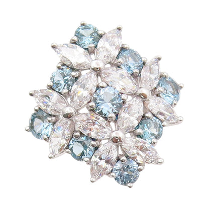925 Sterling Silver Vintage Ring White & Blue CZ Flowers Inlay  SZ 9  RG31938