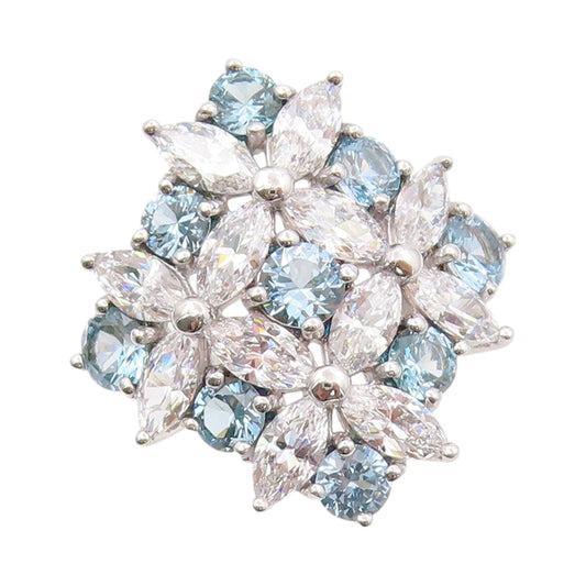 925 Sterling Silver Vintage Ring White & Blue CZ Flowers Inlay  SZ 9  RG31938