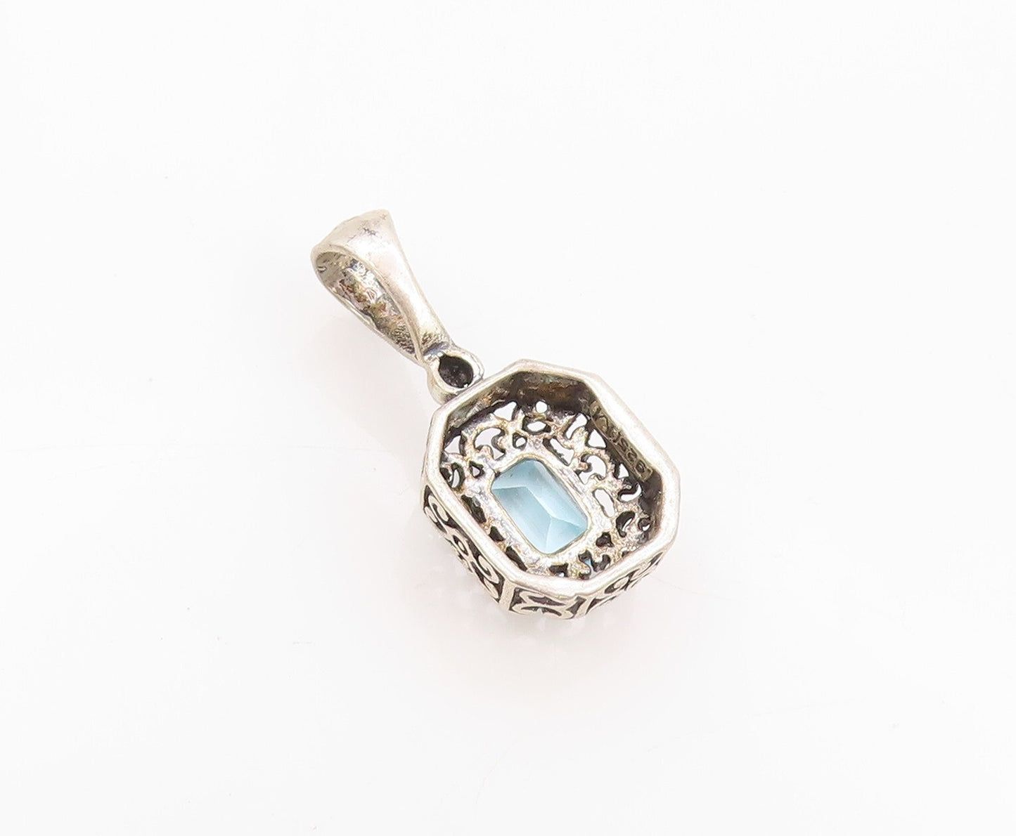 925 Sterling Silver Vintage Pendant Rectangle Blue Topaz Swirly Carved  PT23905