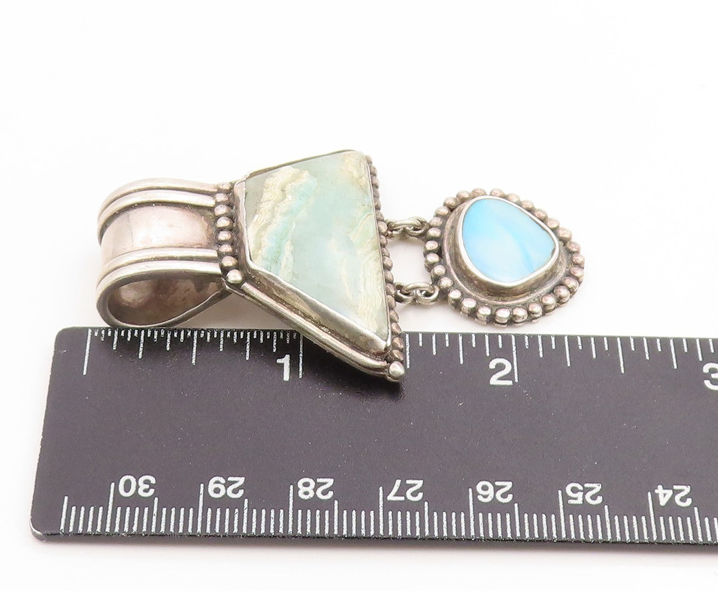 925 Sterling Silver Vintage Pendant Classic Blue Agate & Opal Drop  PT26117