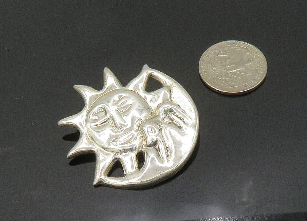 MEXICO 925 Sterling Silver  Vintage Shiny Sun & Moon Face Brooch Pin  BP7965