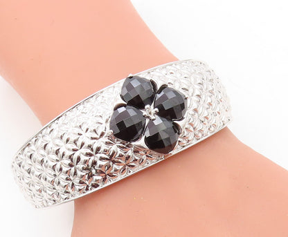 925 Sterling Silver  Black Hematite Flower Patterned Cuff Bracelet  BT2887