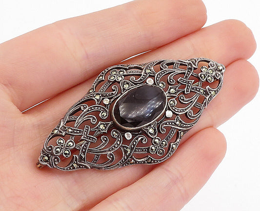 925 Sterling Silver  Vintage Victorian Onyx & Marcasite Brooch Pin  BP1653