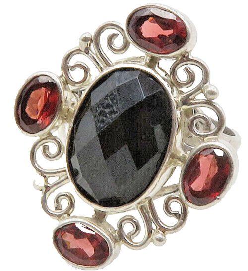 925 Sterling Silver  Black Onyx & Red Topaz Swirl Cocktail Ring Sz 7  RG13296