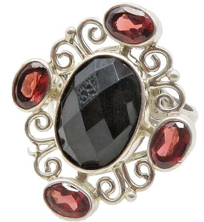 925 Sterling Silver  Black Onyx & Red Topaz Swirl Cocktail Ring Sz 7  RG13296