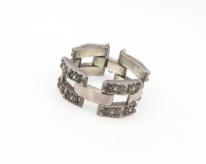 925 Sterling Silver  Vintage Dark Tone Flower Pattern Chain Bracelet  BT6801