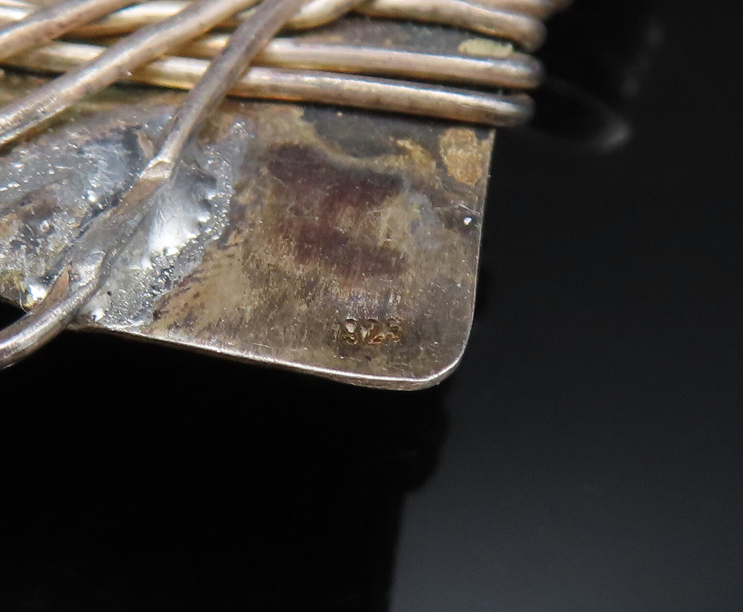 925 Sterling Silver  Vintage Wire Wrapped Modernist Amber Brooch Pin  BP9784