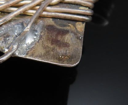 925 Sterling Silver  Vintage Wire Wrapped Modernist Amber Brooch Pin  BP9784