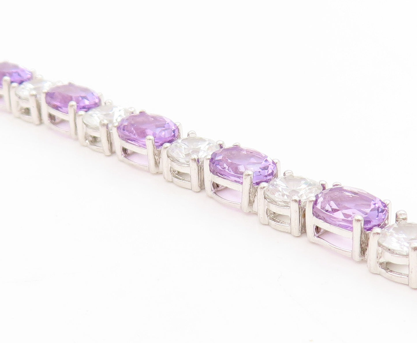 925 Sterling Silver Vintage Bracelet Amethyst & Topaz Tennis Link Chain  BT11750