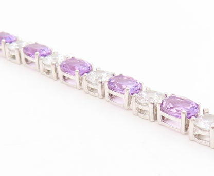 925 Sterling Silver Vintage Bracelet Amethyst & Topaz Tennis Link Chain  BT11750