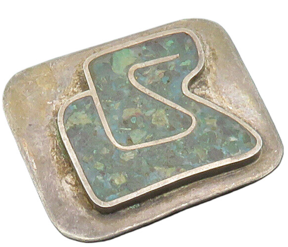 925 Sterling Silver  Vintage Inlaid Turquoise Square Brooch Pin  BP7886