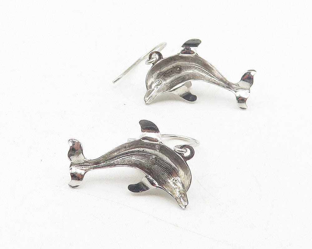 925 Sterling Silver  Vintage Shiny Dolphin Motif Animal Drop Earrings  EG5980