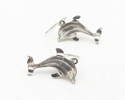 925 Sterling Silver  Vintage Shiny Dolphin Motif Animal Drop Earrings  EG5980