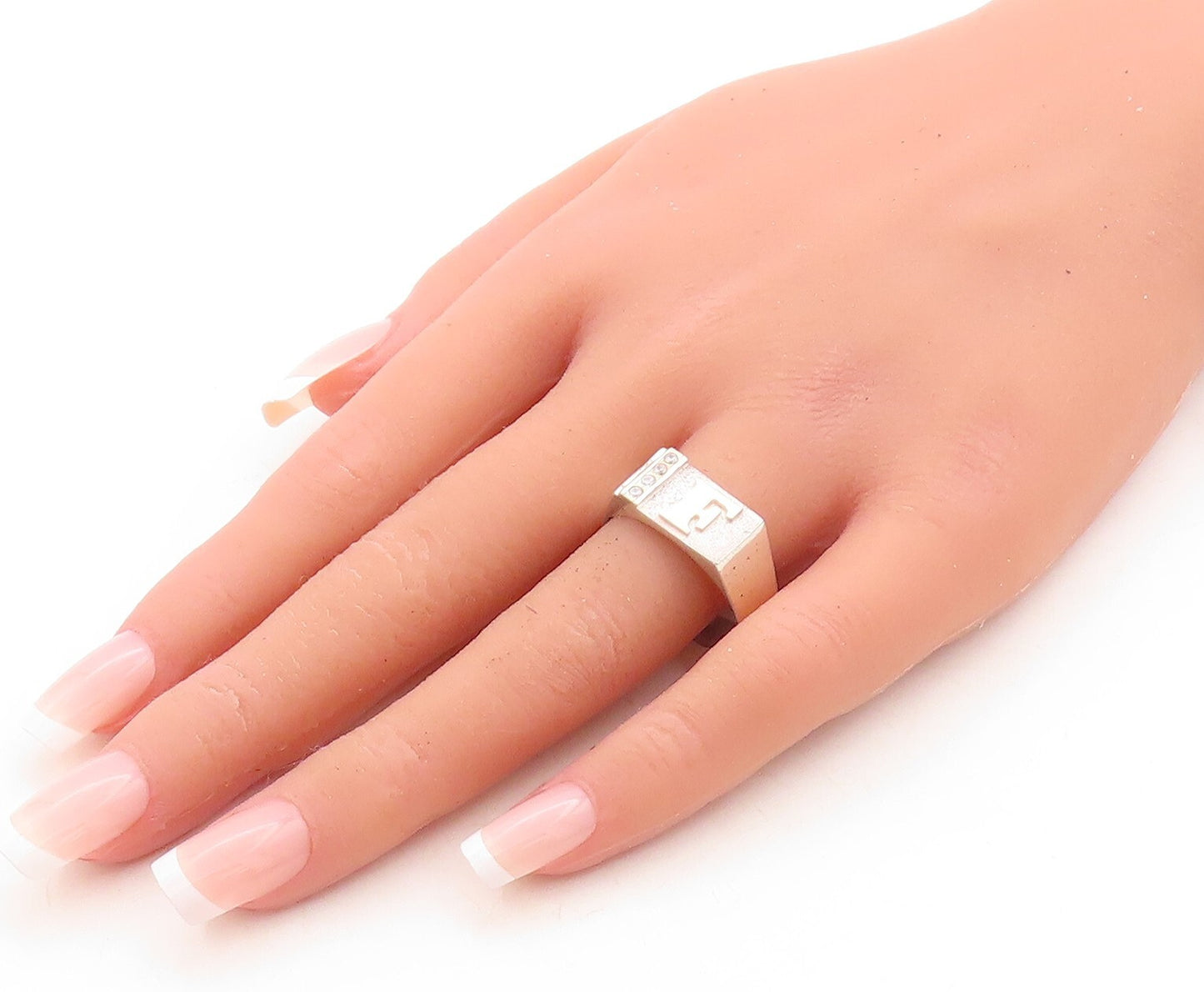 14k Gold 925 Sterling Silver Vintage Ring Carved F CZ Inlay  Sz 11.5  RG31523