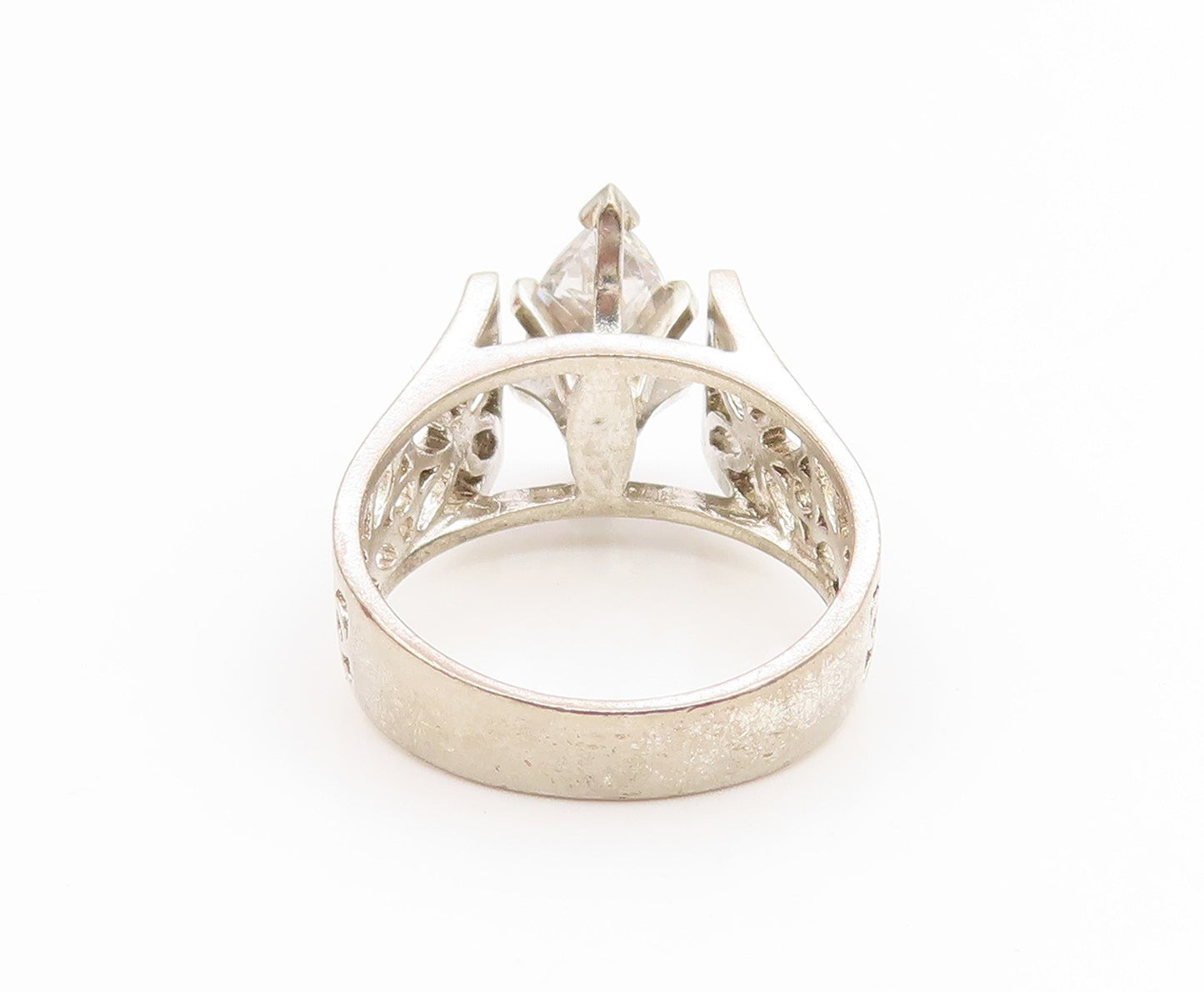 925 Sterling Silver Vintage Ring Marquise Cut CZ Floral Cutout  Sz 7  RG35131