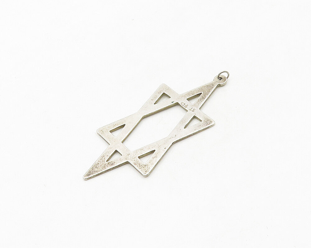 925 Sterling Silver  Vintage Shiny Etched Star Of David Drop Pendant  PT14254