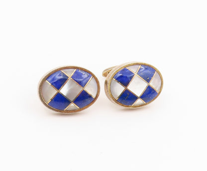 925 Sterling Silver Vintage Cufflinks MMA Mother Of Pearl & Lapis Lazuli  TR4150