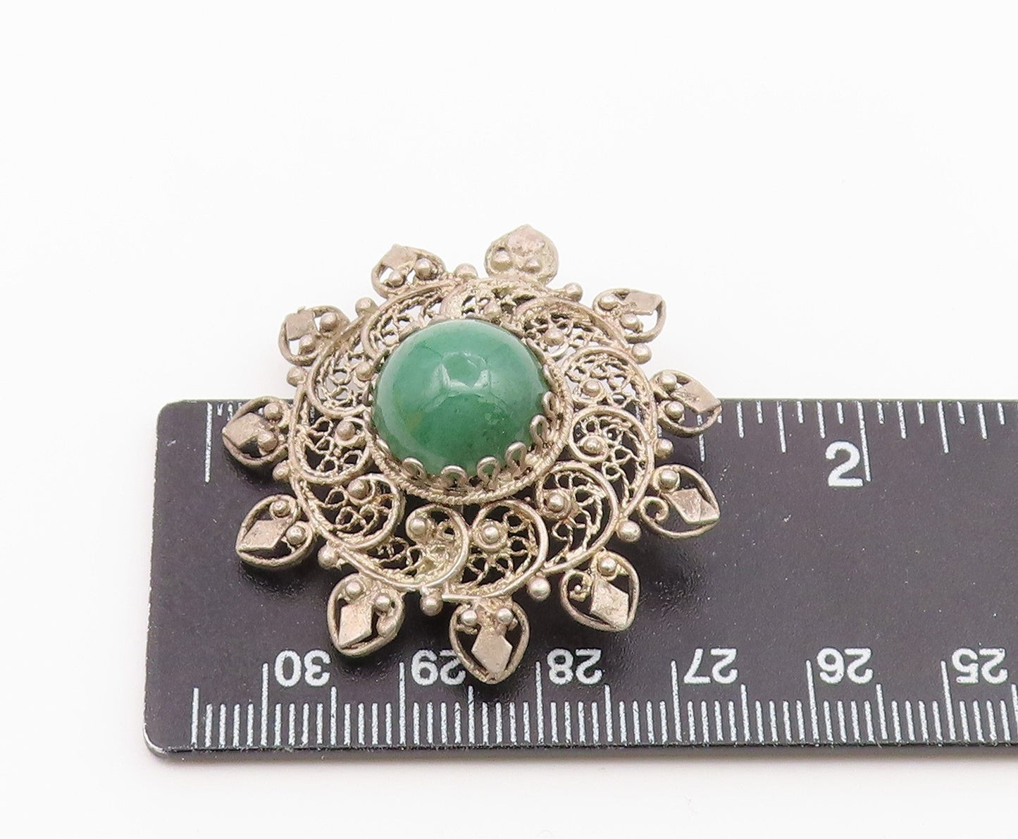 925 Sterling Silver  Vintage Green Onyx Floral Filigree Brooch Pin  BP9431