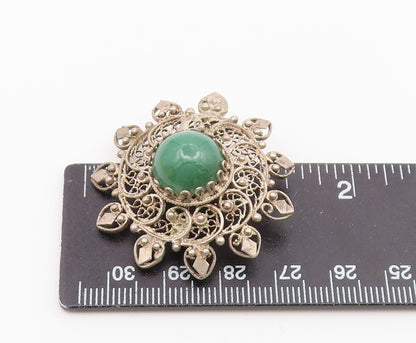 925 Sterling Silver  Vintage Green Onyx Floral Filigree Brooch Pin  BP9431