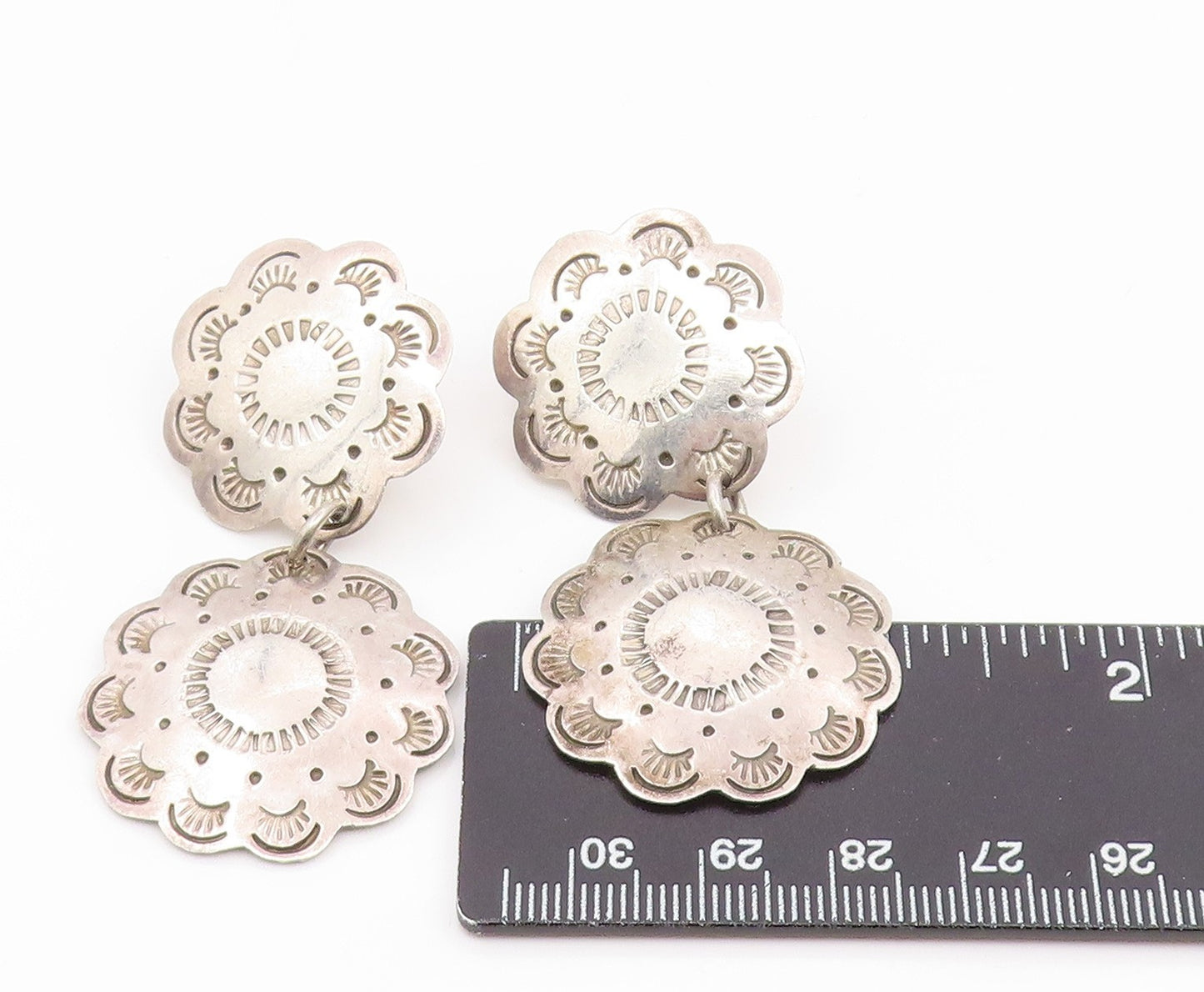 925 Sterling Silver Vintage Earrings MEXICO Etched Floral Concho Drop  EG14183