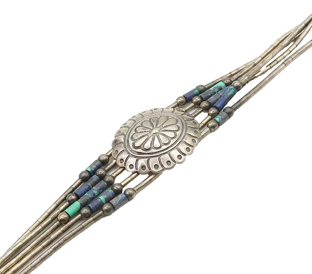 NAVAJO 925 Silver Vintage Azurite Beaded Multi Strand Chain Bracelet BT6296