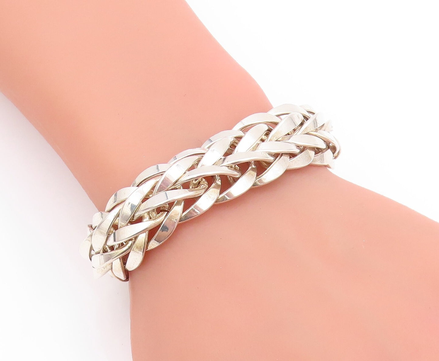 925 Sterling Silver Vintage Bracelet Broad Designer Breaded Band BT11133
