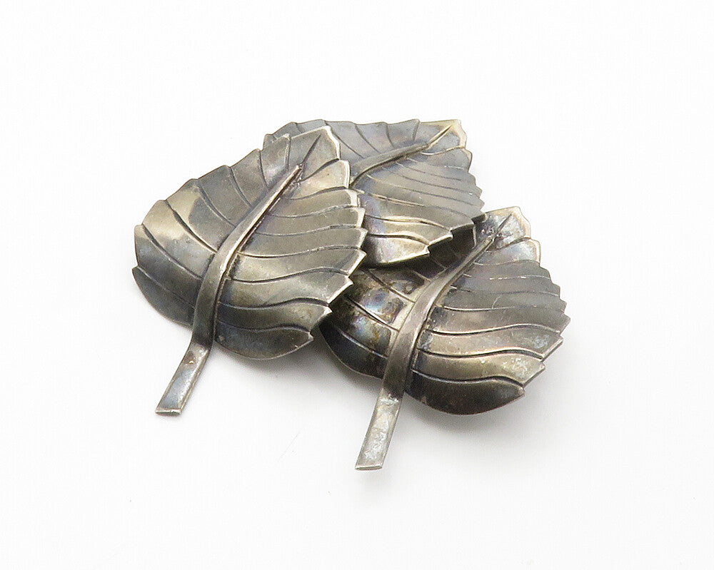 DESIGNER 925 Sterling Silver Vintage Dark Tone Floral Leaves Brooch Pin BP5559