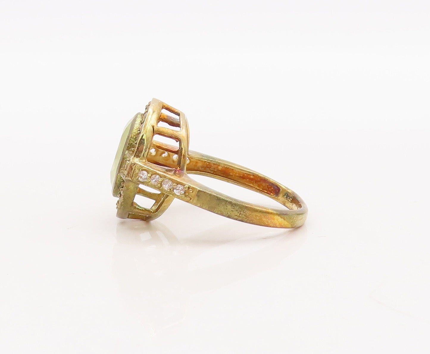 925 Sterling Silver Vintage Ring Gold Plated Green Gemstone & CZ  Sz 7  RG29818