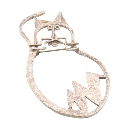 925 Sterling Silver Vintage Brooch CARSI MEXICO Hammered Cat Outline Pin BP11960