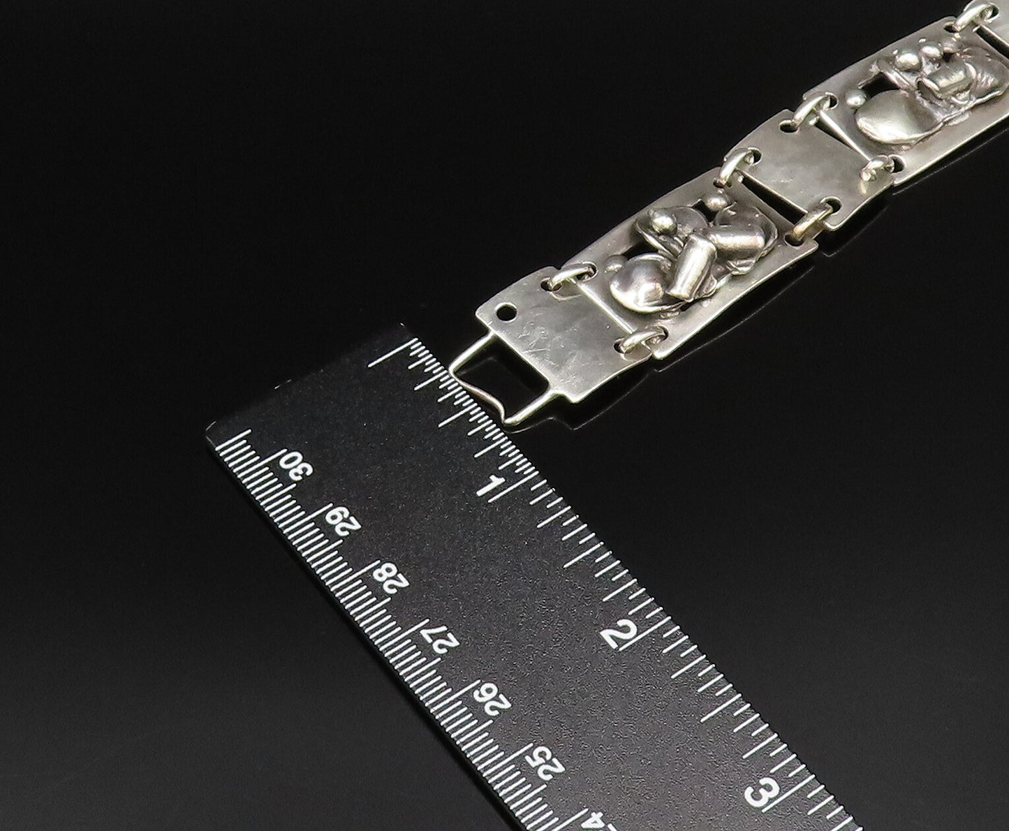 MAX RIEG 925 Silver  Vintage Hammered Rectangle 3D Floral Bracelet  BT9636