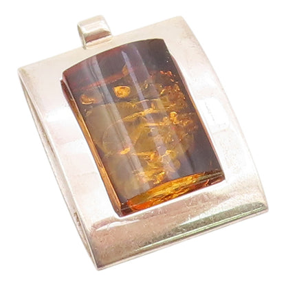 POLAND 925 Sterling Silver  Vintage Amber Shiny Square Frame Pendant  PT19834
