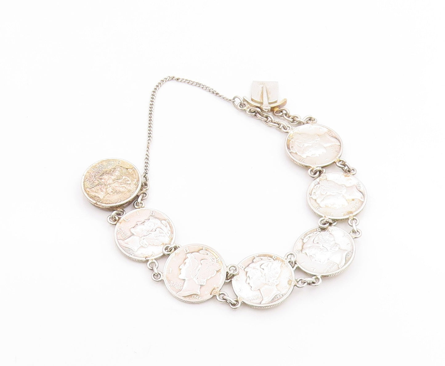 925 Sterling Silver Vintage Bracelet Modernist US One Dime Coin Link  BT12038