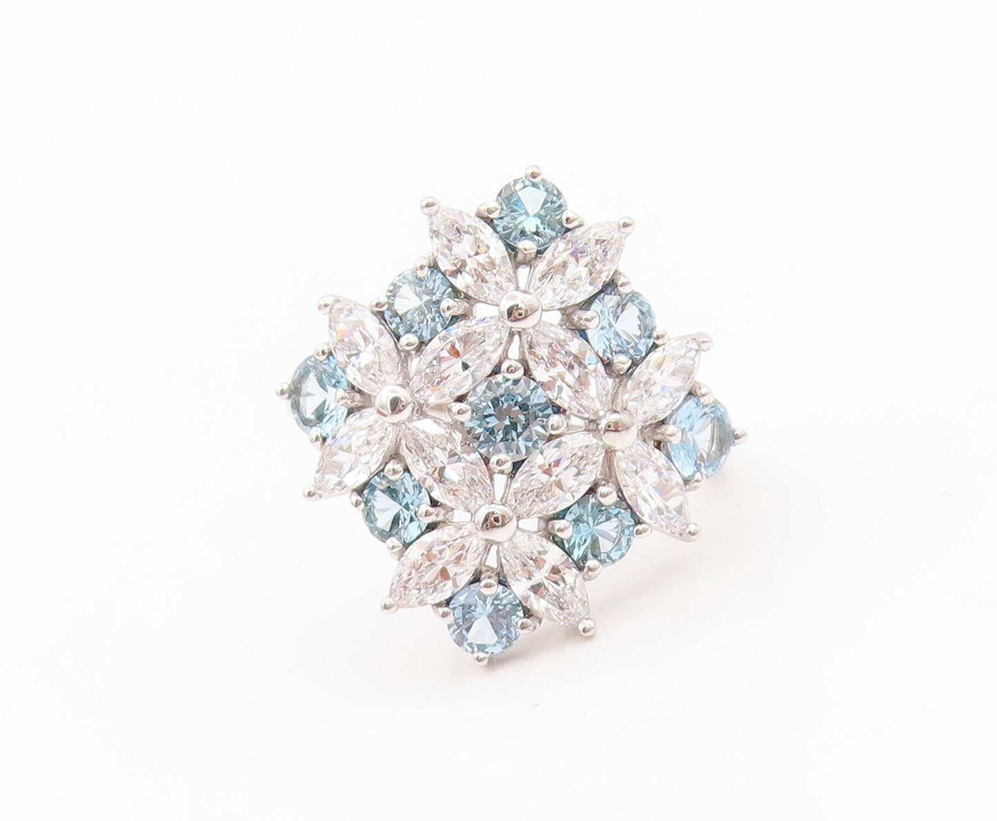 925 Sterling Silver Vintage Ring White & Blue CZ Flowers Inlay  SZ 9  RG31938