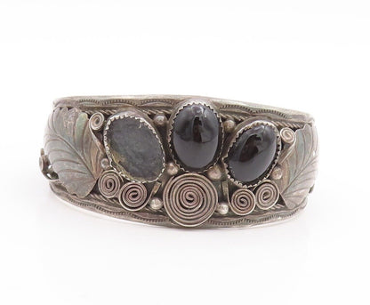 925 Sterling Silver Vintage Bracelet NAVAJO Spiral Carved Onyx Cuff  BT10700