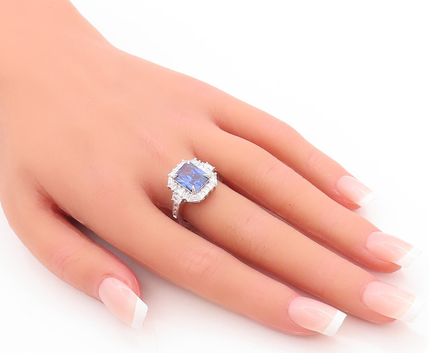 925 Sterling Silver Vintage Ring Rectangle Sapphire Halo CZ  Sz 7.5  RG29041