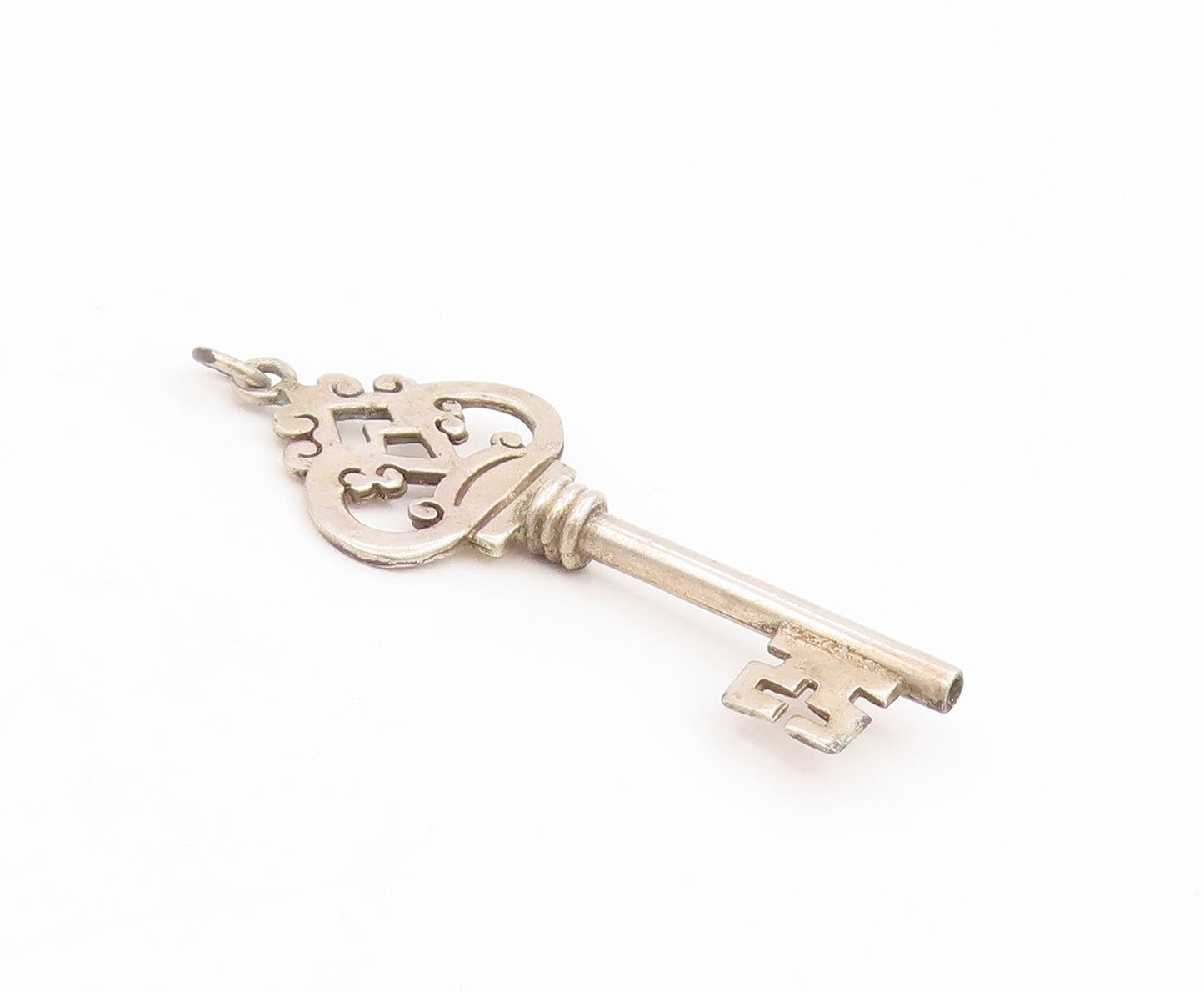 925 Sterling Silver Vintage Pendant Large Cutout Crown Key Design Charm  PT25617