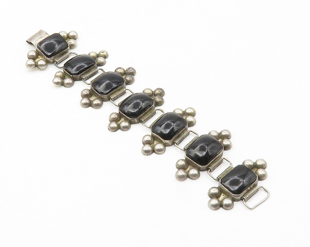 MEXICO 925 Sterling Silver  Vintage Black Onyx Bubble Chain Bracelet  BT5486