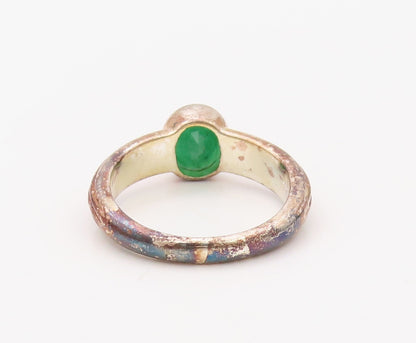 925 Sterling Silver Vintage Ring Grooved Oval Cut Green Gemstone Sz 7.5  RG30753