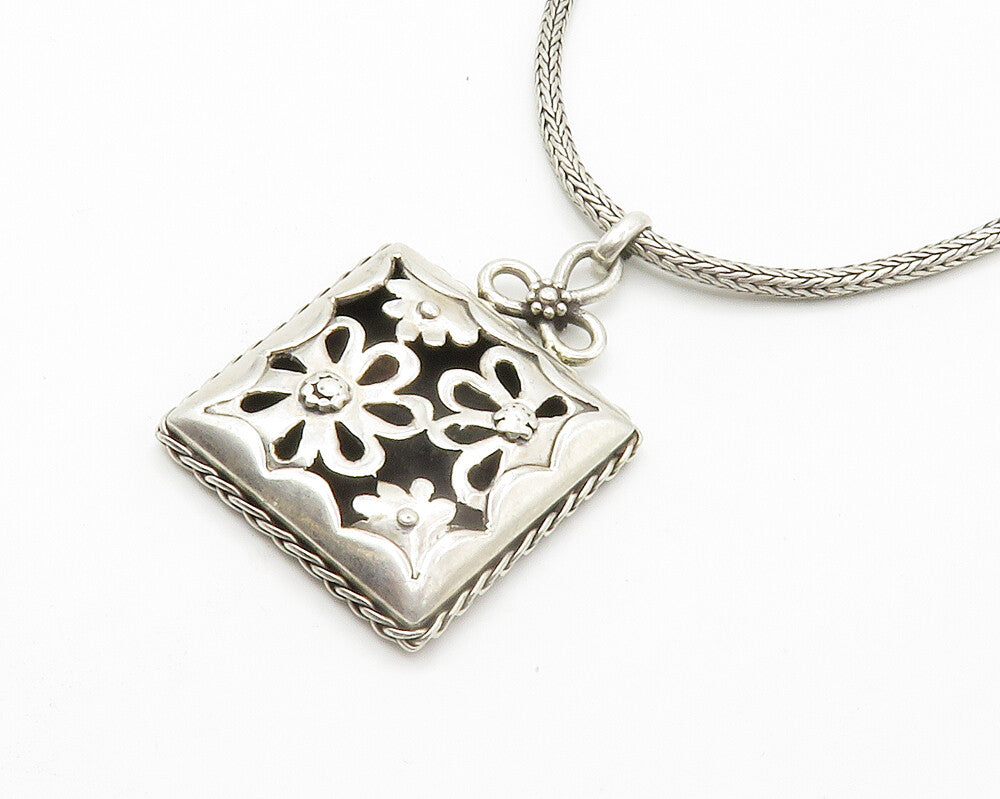 925 Sterling Silver  Vintage Shiny Flower Cutout Wheat Chain Necklace  NE2333